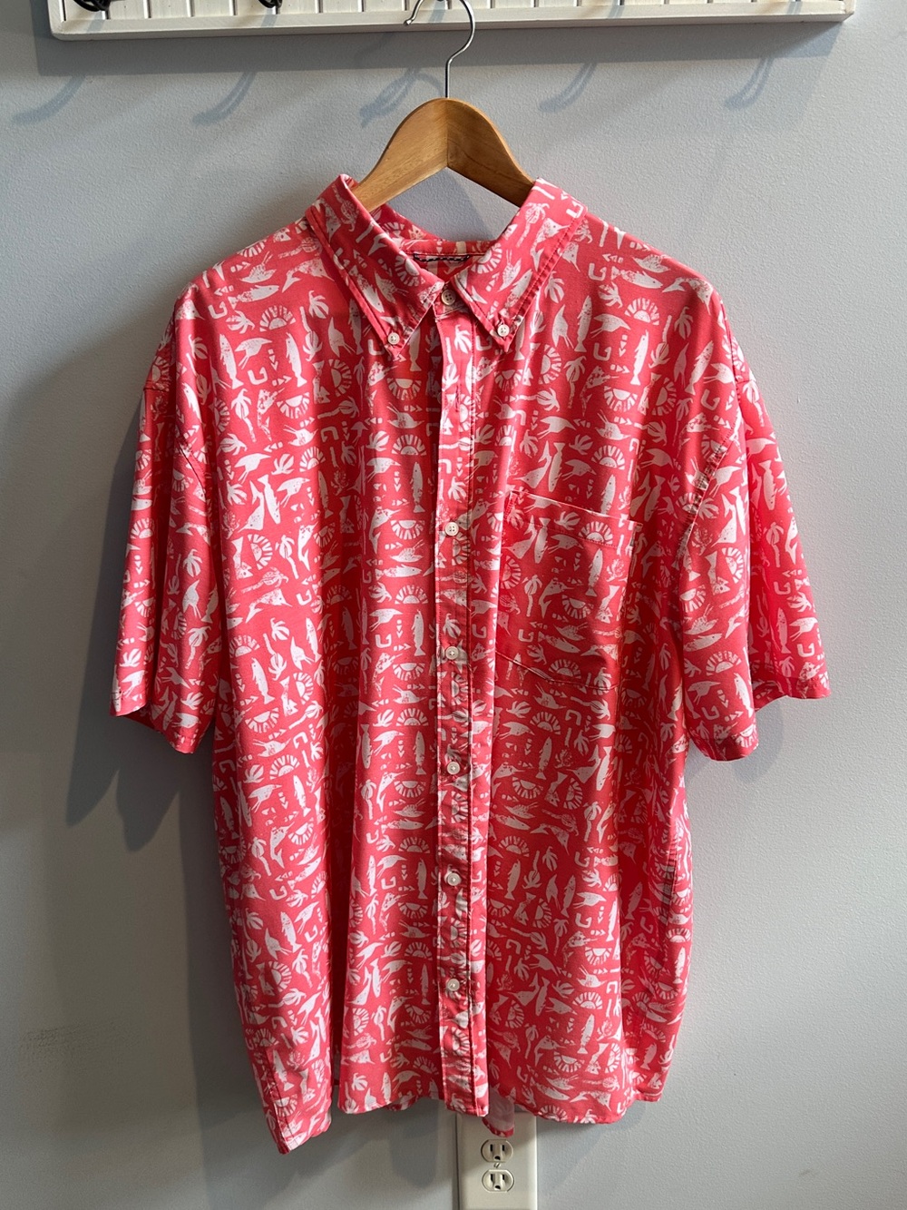 Huk Coral Pink Short-Sleeve Button-Down Shirt with White Print